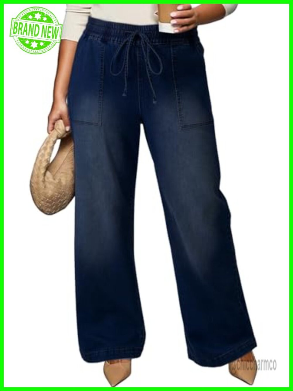 Plus Size High Waisted Wide Leg Jeans Stretchy Drawstring Denim Pants